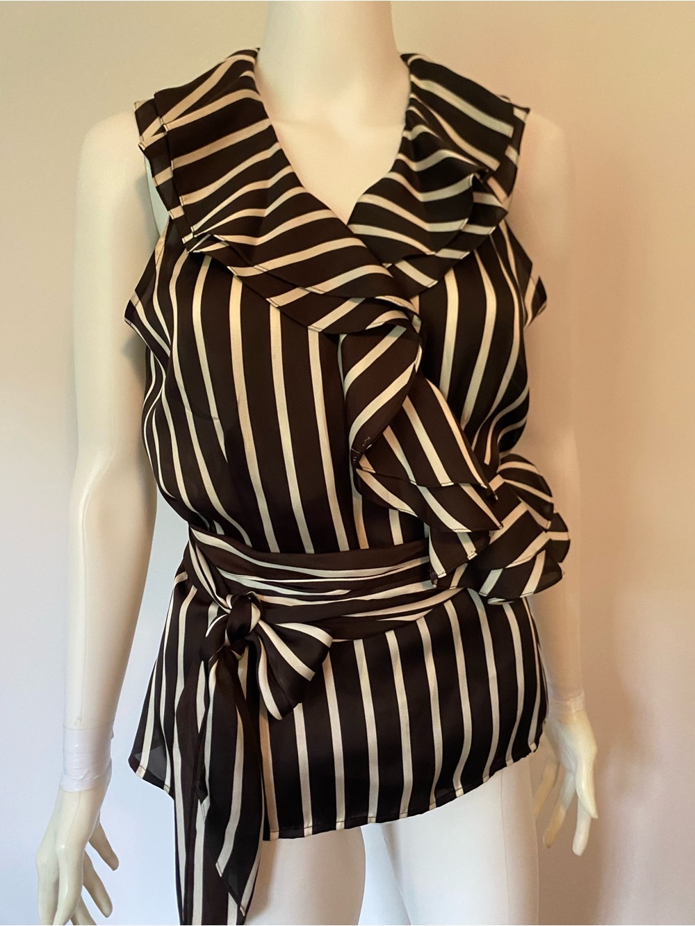 Ralph Lauren Brown & Cream Striped Ruffle Wrap Blouse